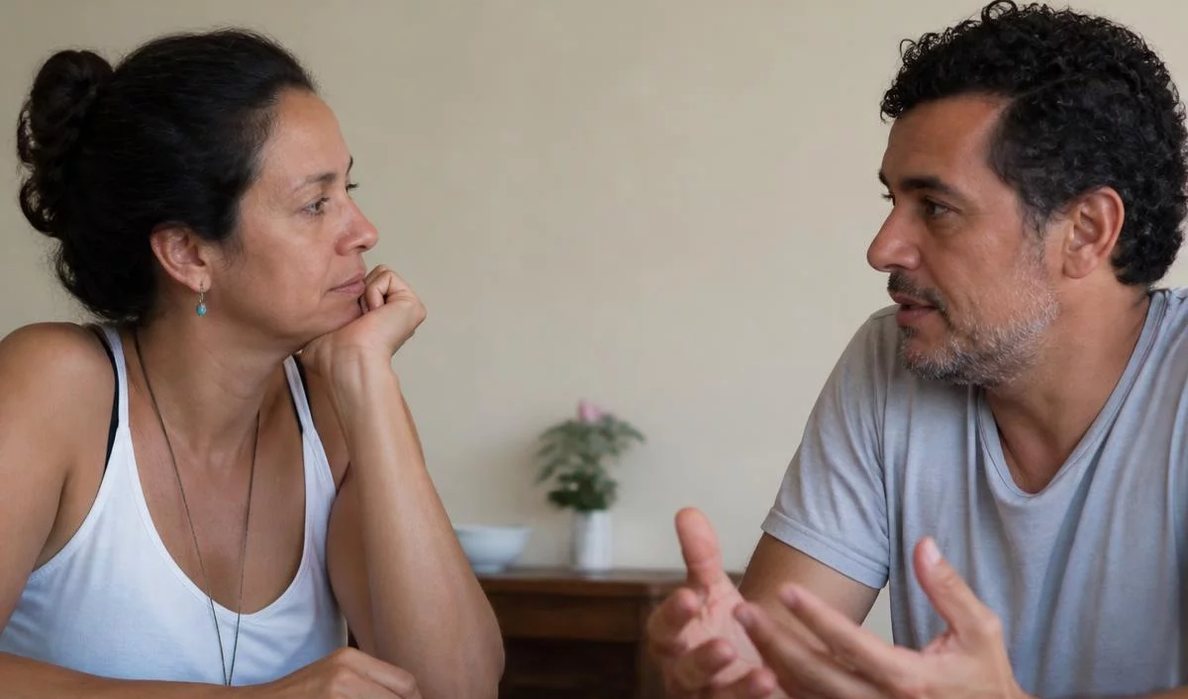 Três participantes conversam ao redor de uma mesa comprida numa sala clara de janelas altas